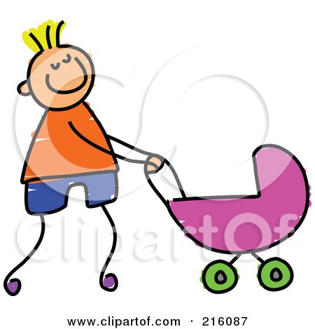 Royalty-Free (RF) Clipart Illustration of a Childs Sketch Of A Boy Pushing His Sister's Pram by Prawny