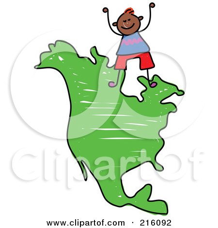 Royalty-Free (RF) Clipart Illustration of a Childs Sketch Of Boy Standing On A Map Of North America by Prawny