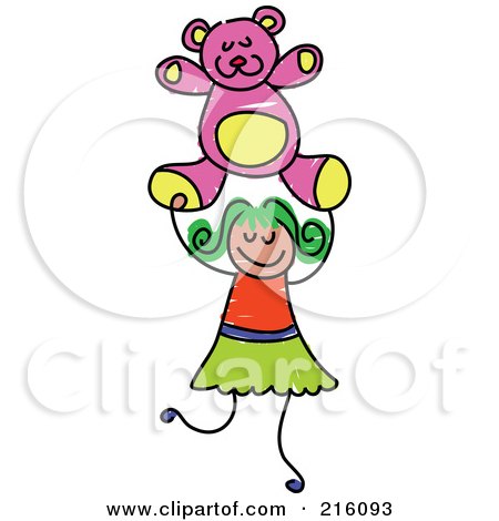 Royalty-Free (RF) Clipart Illustration of a Childs Sketch Of A Girl Holding A Pink Teddy Bear by Prawny