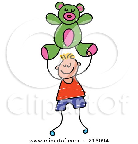 Royalty-Free (RF) Clipart Illustration of a Childs Sketch Of A Boy Carrying A Green Teddy Bear by Prawny