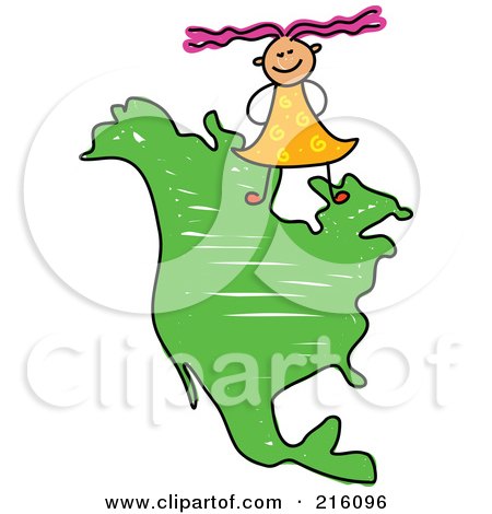 Royalty-Free (RF) Clipart Illustration of a Childs Sketch Of Girl Standing On A Map Of North America by Prawny