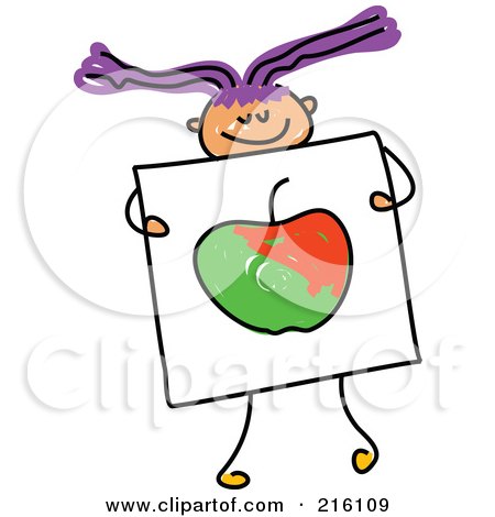 Royalty-Free (RF) Clipart Illustration of a Childs Sketch Of A Girl Holding A Drawing Of An Apple by Prawny