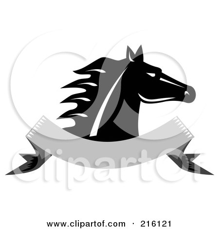 Royalty-Free (RF) Clipart Illustration of a Retro Black And White Horse Head Over A Blank Banner by patrimonio