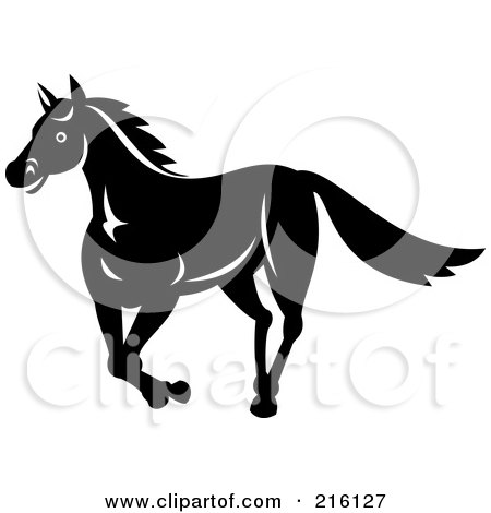 Royalty-Free (RF) Clipart Illustration of a Retro Black And White Horse Running by patrimonio