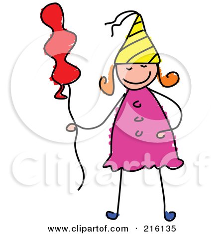 Royalty-Free (RF) Clipart Illustration of a Childs Sketch Of A Birthday Girl With A Balloon by Prawny