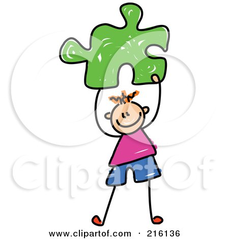 Royalty-Free (RF) Clipart Illustration of a Childs Sketch Of A Boy Holding A Green Puzzle Piece by Prawny