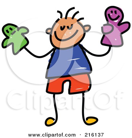 Royalty-Free (RF) Clipart Illustration of a Childs Sketch Of A Boy Holding Puppets by Prawny
