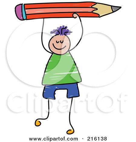 Royalty-Free (RF) Clipart Illustration of a Childs Sketch Of A Boy Holding Up A Red Pencil by Prawny