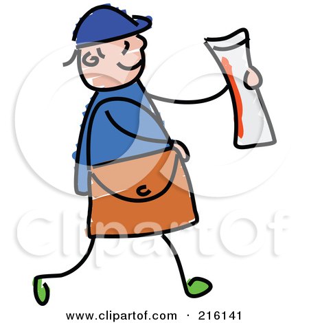 Royalty-Free (RF) Clipart Illustration of a Childs Sketch Of A Paper Boy Holding A Newspaper by Prawny