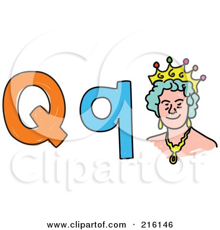 Royalty-Free (RF) Clipart Illustration of a Childs Sketch Of A Lowercase And Capital Letter Q With A Queen by Prawny