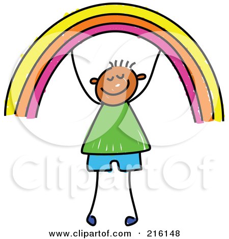 Royalty-Free (RF) Clipart Illustration of a Childs Sketch Of A Boy Holding Up A Rainbow by Prawny