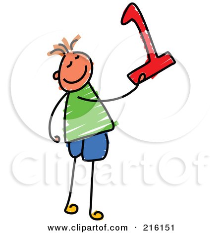 Royalty-Free (RF) Clipart Illustration of a Childs Sketch Of A Boy Holding The Number 1 by Prawny