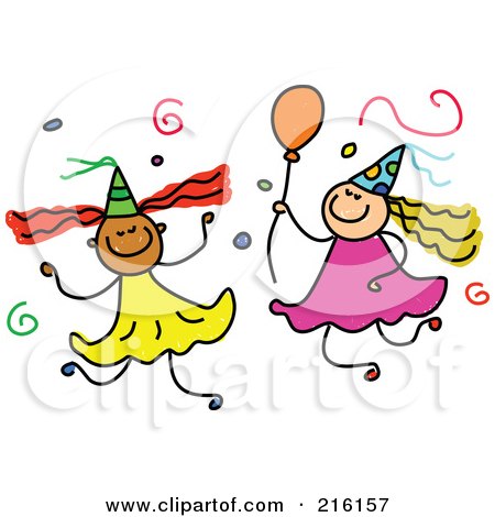 Royalty-Free (RF) Clipart Illustration of a Childs Sketch Of Birthday Girls With Confetti And Balloons by Prawny