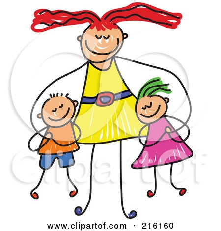Royalty-Free (RF) Clipart Illustration of a Childs Sketch Of A Happy Mom Hugging Her Son And Daughter by Prawny