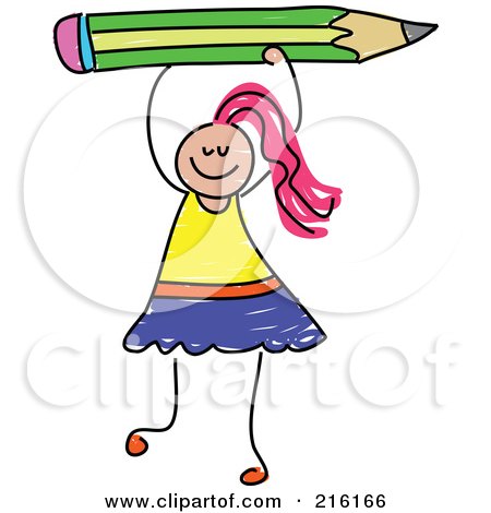 Royalty-Free (RF) Clipart Illustration of a Childs Sketch Of A Girl Holding Up A Green Pencil by Prawny