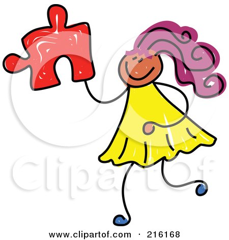 Royalty-Free (RF) Clipart Illustration of a Childs Sketch Of A Girl Holding A Puzzle Piece by Prawny