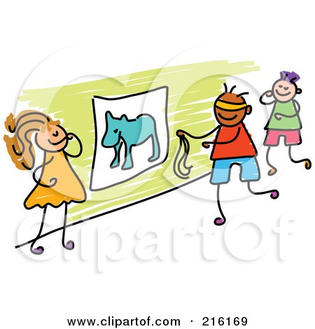Royalty-Free (RF) Clipart Illustration of a Childs Sketch Of Kids Playing Pin The Tail On The Donkey by Prawny