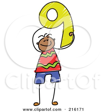 Royalty-Free (RF) Clipart Illustration of a Childs Sketch Of A Boy Holding The Number 9 by Prawny