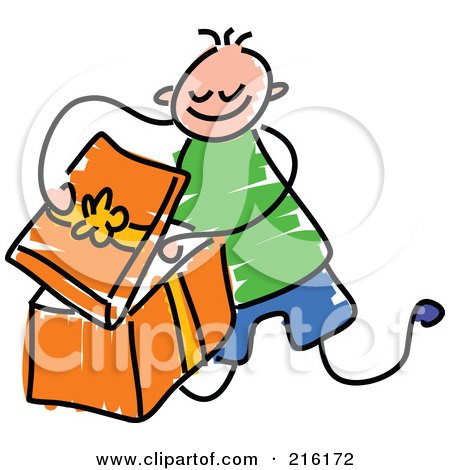 Royalty-Free (RF) Clipart Illustration of a Childs Sketch Of A Boy Opening An Orange Gift by Prawny