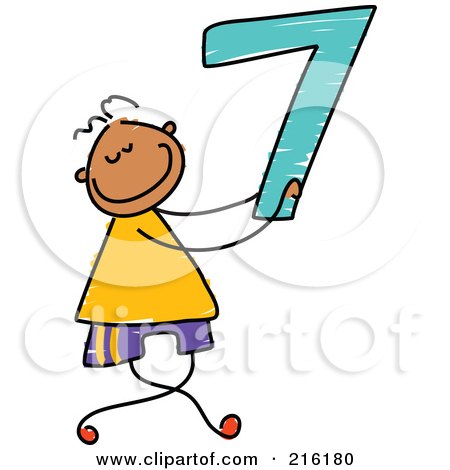 Royalty-Free (RF) Clipart Illustration of a Childs Sketch Of A Boy Holding The Number 7 by Prawny