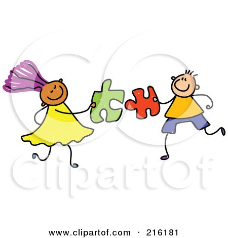 Royalty-Free (RF) Clipart Illustration of a Childs Sketch Of A Boy And Girl With Puzzle Pieces by Prawny