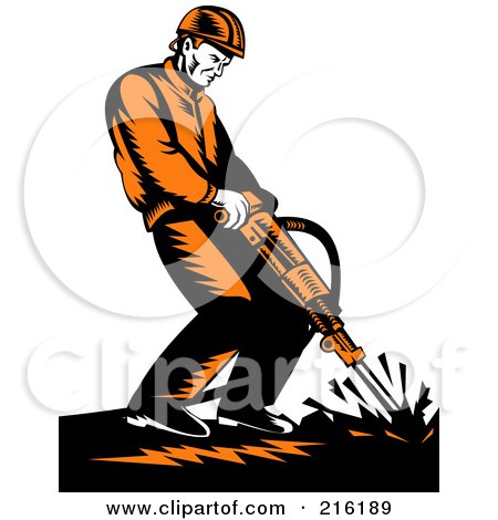 Royalty-Free (RF) Clipart Illustration of a Retro Construction Worker Operating A Jackhammer by patrimonio