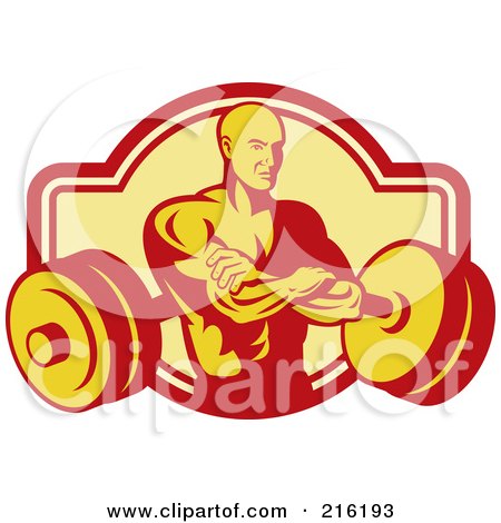 Royalty-Free (RF) Clipart Illustration of a Retro Bodybuilder With His Arms Crossed Overa Barbell Logo by patrimonio