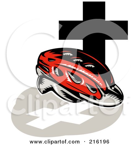 Royalty-Free (RF) Clipart Illustration of a Retro Red Cycling Helmet With A Cross by patrimonio