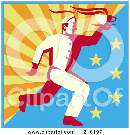 Royalty-Free (RF) Clipart Illustration of a Retro Waitor Running To Deliver Coffee - 1 by patrimonio