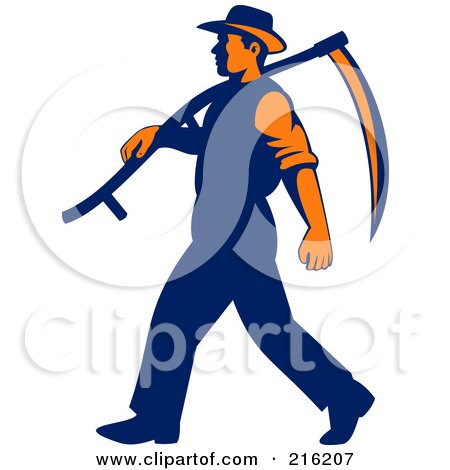 Royalty-Free (RF) Clipart Illustration of a Retro Farmer Walking With A Scythe Over His Shoulder by patrimonio