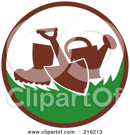 Royalty-Free (RF) Clipart Illustration of a Retro Gardening Logo With A Spade Shovel, Boot And Watering Can by patrimonio