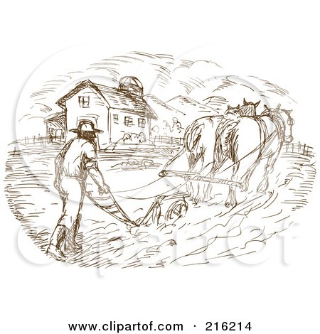 Royalty-Free (RF) Clipart Illustration of a Sketch Of A Farmer And Horse Plowing A Field by patrimonio