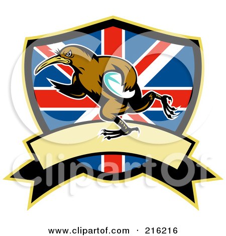 Royalty-Free (RF) Clipart Illustration of a Rugby Kiwi Bird Over A British Shield by patrimonio