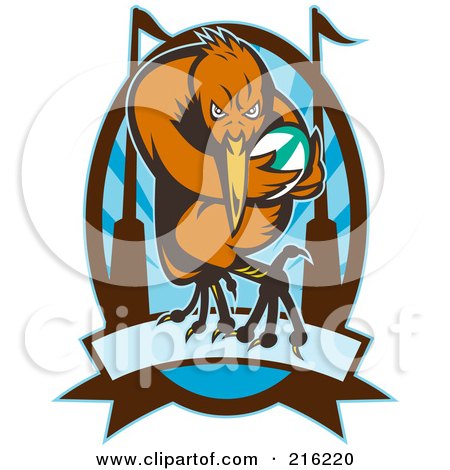 Royalty-Free (RF) Clipart Illustration of a Rugby Kiwi Bird Over A Blue Oval And Banner by patrimonio