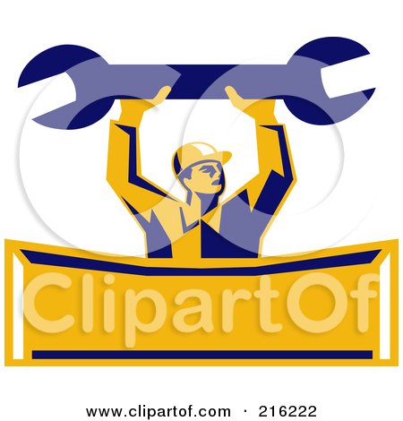 Royalty-Free (RF) Clipart Illustration of a Retro Mechanic Holding A Spanner Over A Banner by patrimonio