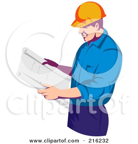 Royalty-Free (RF) Clipart Illustration of a Construction Worker Reading Plans by patrimonio