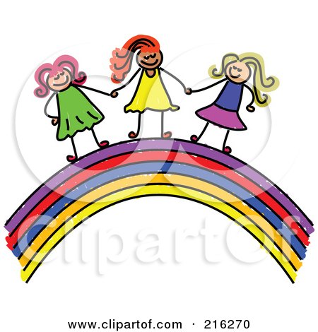 Royalty-Free (RF) Clipart Illustration of a Childs Sketch Of Girls Holding Hands On A Rainbow by Prawny