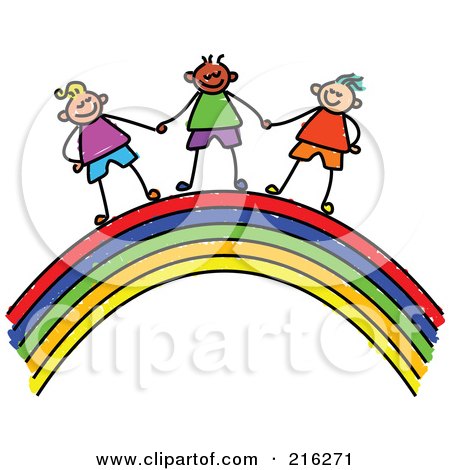 Royalty-Free (RF) Clipart Illustration of a Childs Sketch Of Boys Holding Hands On A Rainbow by Prawny