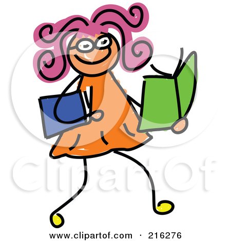 Royalty-Free (RF) Clipart Illustration of a Childs Sketch Of A Girl Reading Books by Prawny