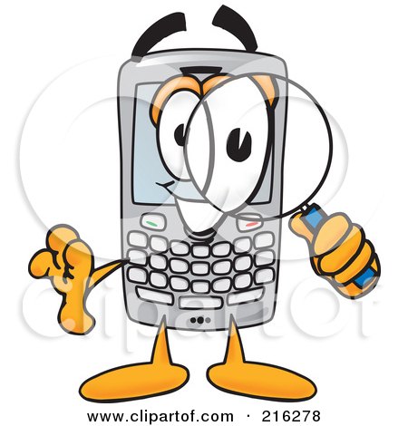 Royalty-Free (RF) Clipart Illustration of a Modern Smart Phone Character Using A Magnifying Glass by Mascot Junction