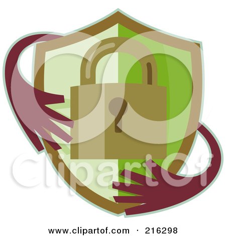 Royalty-Free (RF) Clipart Illustration of a Retro Padlock Shield With Hands Logo by patrimonio