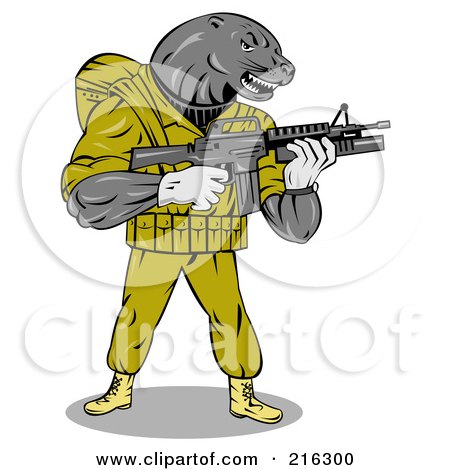 Royalty-Free (RF) Clipart Illustration of a Military Seal Holding A Gun by patrimonio