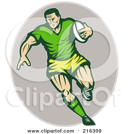 Royalty-Free (RF) Clipart Illustration of a Running Retro Rugby Football Player On A Gray Oval by patrimonio