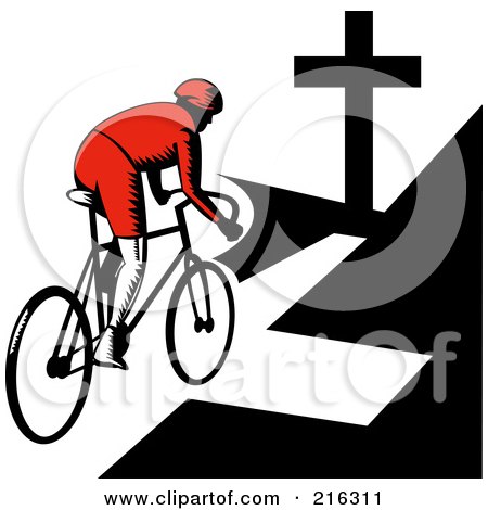 Royalty-Free (RF) Clipart Illustration of a Retro Cyclist Riding Towards A Cross by patrimonio