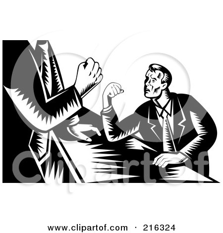Royalty-Free (RF) Clipart Illustration of Retro Black And White Businessmen Arm Wrestling by patrimonio