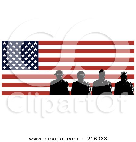 Royalty-Free (RF) Clipart Illustration of Silhouetted Soldiers And American Flag - 1 by patrimonio