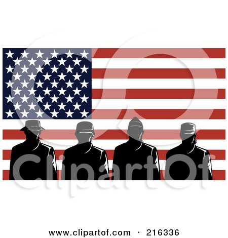Royalty-Free (RF) Clipart Illustration of Silhouetted Soldiers And American Flag - 2 by patrimonio