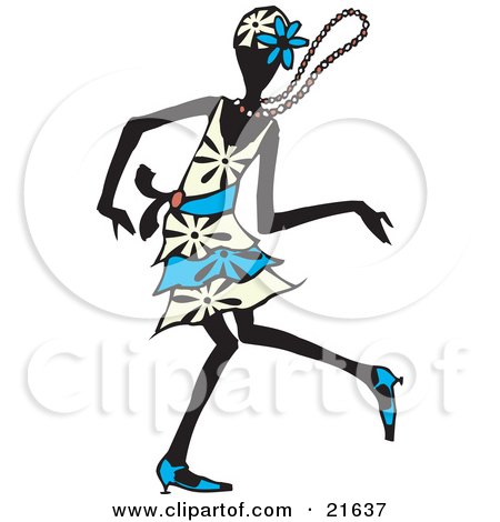 Clipart Picture Illustration of a Dancing Flapper Woman In A White And Blue Dress, Floral Hat And Heels, Moving On The Dance Floor With Her Necklace Flying Around Her Neck by Steve Klinkel