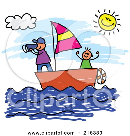 Royalty-Free (RF) Clipart Illustration of a Childs Sketch Of Boys Sailing A Boat by Prawny