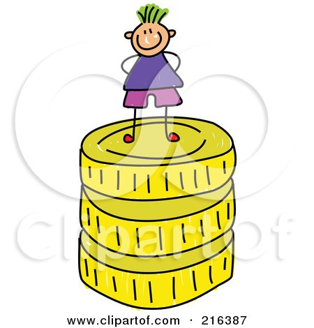 Royalty-Free (RF) Clipart Illustration of a Childs Sketch Of A Boy Standing On Golden Coins by Prawny